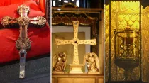 Reliquia del Lignum Crucis (izq), Santo Sudario y Santo Cáliz (dcha). Foto: Wikipedia Dominio Público. 