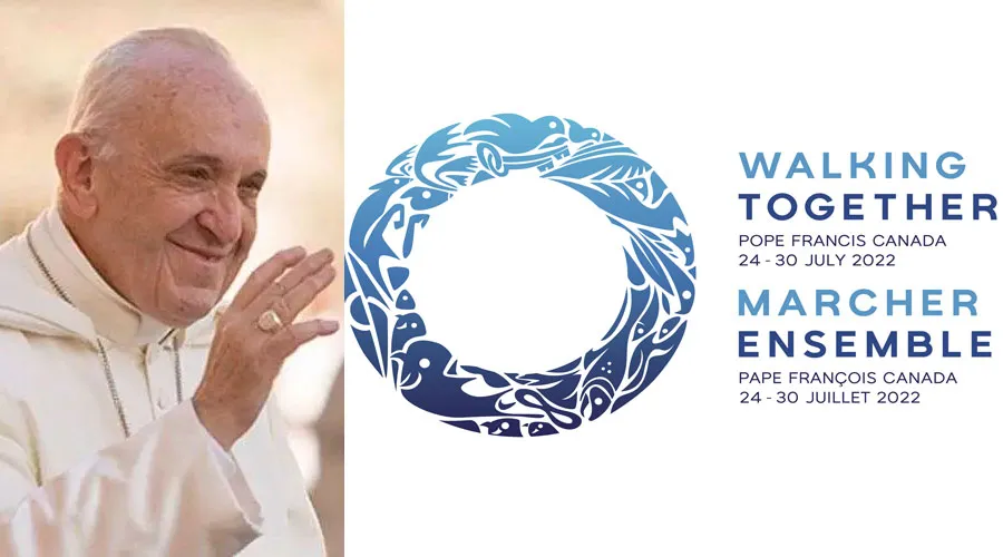 Papa Francisco. Crédito: María Testino - ACI Prensa / Logo y lema del viaje del Papa Francisco a Canadá. Crédito: Vatican Media