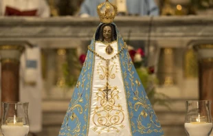 La imagen de la Virgen con su nuevo manto. En la parte inferior, las tres estrellas. Cru00e9dito: Santuario de Luju00e1n 