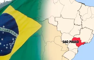 Bandera de Brasil. Foto: Wikipedia / Raphael Lorenzeto de Abreu (CC-BY-2.5) / Mapa. Foto: Dominio Público. 