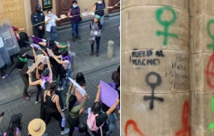 Ataque de feministas al templo El Beaterio en Mu00e9xico. Cru00e9dito: Catolin / Pintas de feministas en Cochabamba, Bolivia. Cru00e9dito: Comisiu00f3n de Comunicaciu00f3n del Arzobispado de Cochabamba 