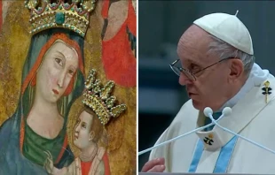 Imagen de la Virgen Maru00eda y el Papa Francisco en la Basu00edlica de San Pedro en la Misa de hoy. Cru00e9dito: Youtube Vatican Media 