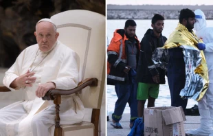 Papa Francisco. Cru00e9dito: Daniel Ibau00f1ez - ACI Prensa. |17 migrantes supervivientes de naufragios frente a las costas libias desembarcaron en el puerto de Pozzallo en 2023. Cru00e9dito: Shutterstock 