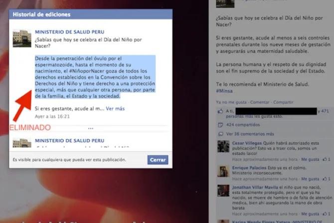 Ministerio de Salud de Perú borra texto pro-vida de Facebook