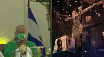 (izq.) Cardenal Leopoldo Brenes celebrando Misa Solemne tras 6 meses del atentado en la Catedral / (der) Imagen de la Sangre de Cristo tras el atentado. Crédito. Facebook Arquidiócesis de Managua.