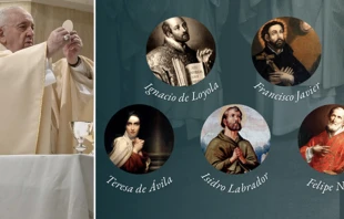 Papa Francisco celebra Misa. Foto: Vatican Media / Cartel aniversario de canonizaciones. 