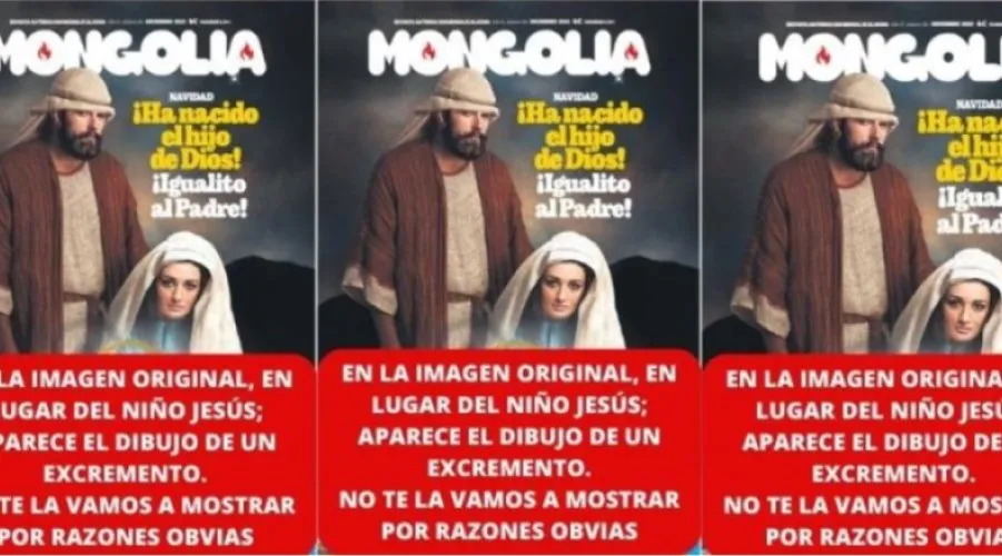 Imagen de campaña por la retirada de la portada blasfema de la Revista Mongolia en España. Crédito: HazteOir.org?w=200&h=150