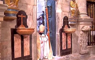 Mons. Barrio junto a la Puerta Santa. Foto: Captura de Youtube 