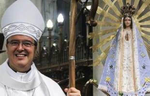 Mons. Gabriel Mestre junto a la imagen de la Virgen de Luju00e1n. Cru00e9dito: Diu00f3cesis de Mar del Plata 