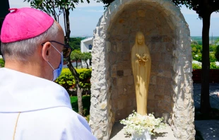 Mons. Giovanni Battista Piccioli frente a la imagen de la Virgen Maru00eda Madre de los Nacidos y No Nacidos. Cru00e9dito: Arquidiu00f3cesis de Guayaquil 