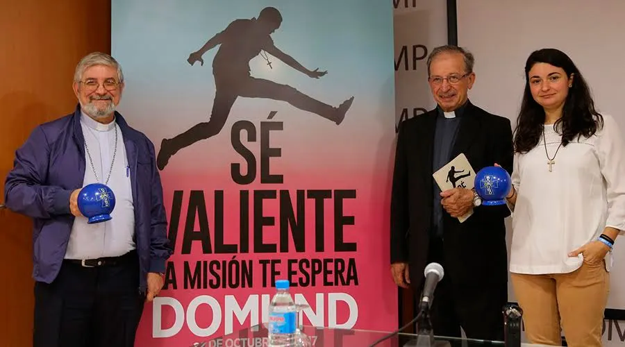 Mons Adolfo Zon, P. Anastasio Gil y Belén Manrique durante la presentación del DOMUND en Madrid / Foto: OMP