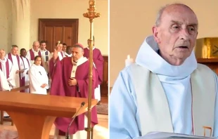 Mons. Dominique Lebrun en la reapertura de Iglesia Saint-Etienne-du-Rouvray - El P. Jacques Hamel / Foto: Captura Youtube KTOTV - AIN 