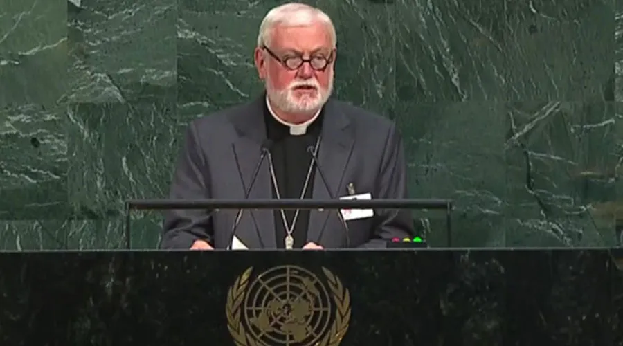 Mons. Gallagher durante su intervención en la ONU. Foto: Holy See UN