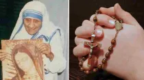 Madre Teresa y Virgen de Guadalupe. Crédito: Mother Teresa Center / Manos sujetando Rosario. Crédito: Myriams Photos, Pixabay