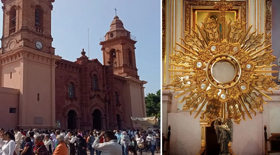 Procesión de la Eucaristía frente a la Catedral de Huajuapan de León y Custodia del Santísimo. Crédito: Diócesis de Huajuapan de León?w=200&h=150