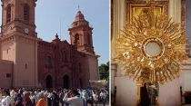 Procesión de la Eucaristía frente a la Catedral de Huajuapan de León y Custodia del Santísimo. Crédito: Diócesis de Huajuapan de León