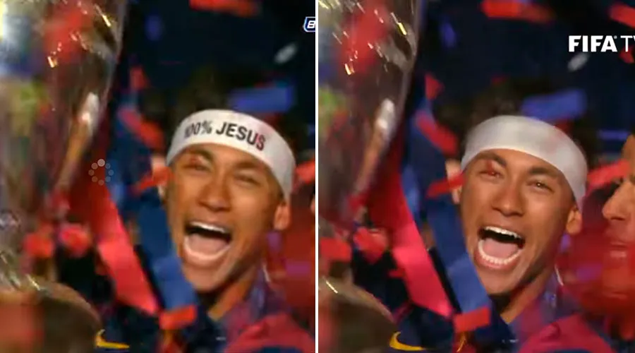 La imagen de Neymar original (izq.) y la censura de la FIFA (der.). Captura Youtube