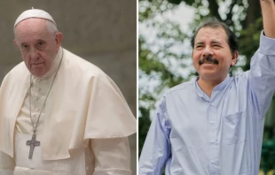Papa Francisco. Cru00e9dito: Daniel Ibau00f1ez - ACI Prensa / Daniel Ortega, presidente de Nicaragua. Cru00e9dito: Shutterstock 