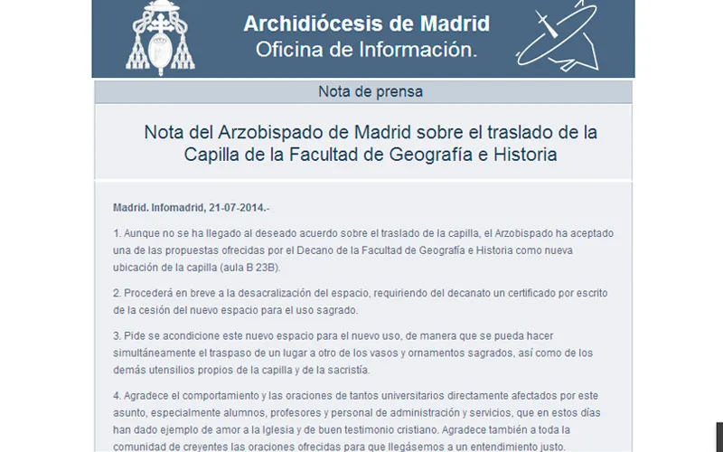 Imagen: Captura de pantalla de comunicado de Arzobispado de Madrid