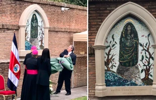 La imagen de Nuestra Seu00f1ora de los u00c1ngeles entronizada este martes en  los Jardines Vaticanos. Cru00e9dito: Embajada de Costa Rica ante la Santa Sede 