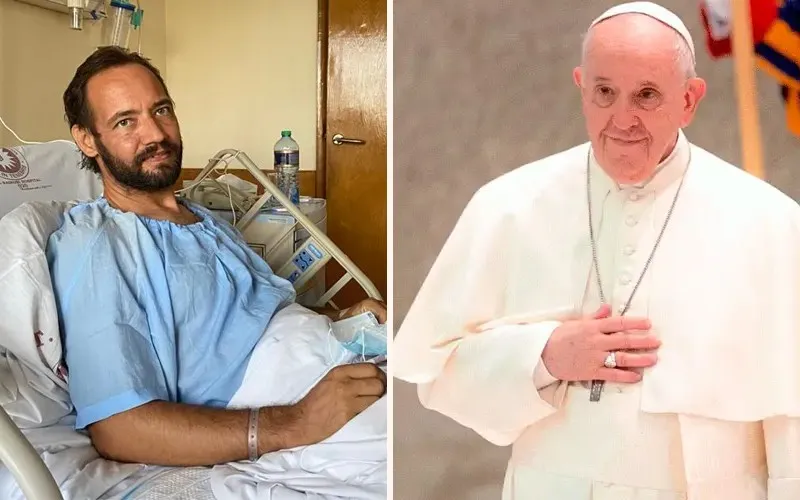 Mons. Christian Carlassare en el hospital de Nairobi, Kenya, el 27 de abril de 2021; y el Papa Francisco. Crédito: ACI África (izq.) y Daniel Ibáñez / ACI Prensa (der.).