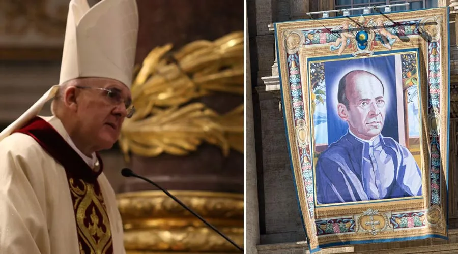 El Arzobispo de Madrid y el tapiz del nuevo Santo. Fotos: Daniel Ibáñez / ACI Prensa