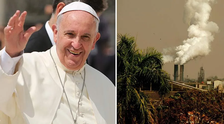El Papa Francisco y una imagen de contaminación. Fotos: Daniel Ibáñez / ACI Prensa - Pixabay dominio Público