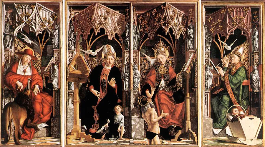 San Jerónimo de Estridón, San Agustín , San Gregorio Magno, San Ambrosio de Milán. Crédito: Michael Pacher: Altarpiece of the Church Fathers - Dominio público.?w=200&h=150