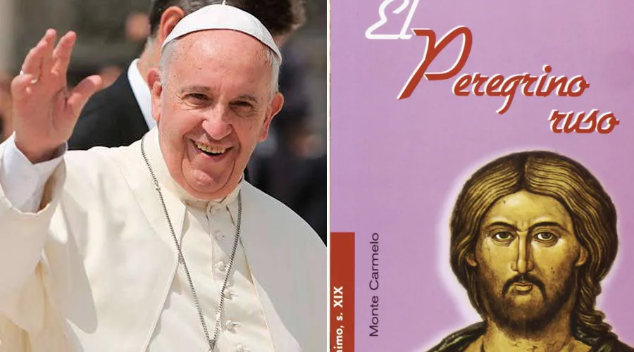 El Papa Francisco. Foto: Daniel Ibáñez / ACI Prensa. Portada libro "El peregrino ruso". Crédito: Ediciones populares