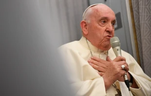 El Papa Francisco en rueda de prensa durante el vuelo de regreso de Canadu00e1 a Roma. Cru00e9dito: Vatican Media. 