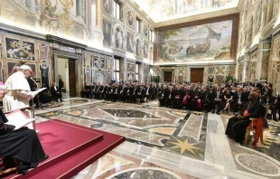 Papa Francisco con participantes del Conferencia Internacional u201cDrogas y adicciones: un obstu00e1culo para el desarrollo humano integralu201d. Foto: Vatican Media. 