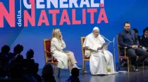 El Papa Francisco participó este 12 de mayo en la apertura de la segunda edición de los “Estados Generales de la Natalidad” en Italia. Crédito: Daniel Ibañez / ACI Prensa. 