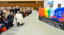 El Papa Francisco en el Aula Pablo VI esta mañana con los delegados de la Conferencia General Italiana del Trabajo. Crédito: Vatican Media