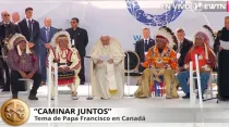 El Papa Francisco dirige su discurso durante el encuentro con indígenas de Canadá. Crédito: Captura de video (EWTN)