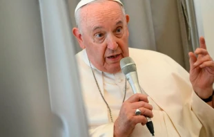 El Papa Francisco durante la rueda de prensa en el vuelo de retorno a Roma. Cru00e9dito: Vatican Media 