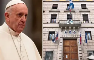 El Papa Francisco y la Embajada rusa en el Vaticano. Crédito: Daniel Ibañez (izq.) y Almudena Martínez-Bordiú (der.) - ACI Prensa 