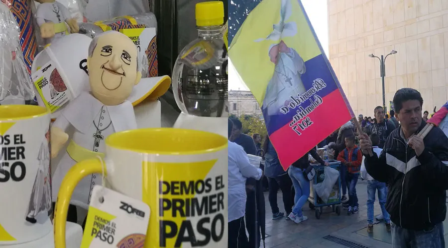 Recuerdos, tazas y una banderola alusivos al viaje del Papa a Colombia. Fotos: Eduardo Berdejo (ACI Prensa)?w=200&h=150