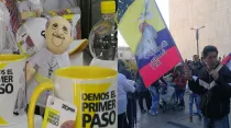 Recuerdos, tazas y una banderola alusivos al viaje del Papa a Colombia. Fotos: Eduardo Berdejo (ACI Prensa)