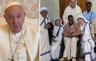 Papa Francisco. Cru00e9dito: Vatican Media | Edna junto a la Misioneras de la Caridad y un sacerdote en el hospital. Cru00e9dito: Vatican Media. 