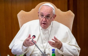 El Papa Francisco esta mau00f1ana en el Aula del Su00ednodo. Cru00e9dito: Daniel Ibu00e1u00f1ez / ACI 