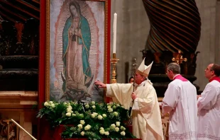 El Papa Francisco ante la imagen de la Virgen de Guadalupe en la Basu00edlica de San Pedro. Cru00e9dito: Daniel Ibu00e1u00f1ez / ACI Prensa 