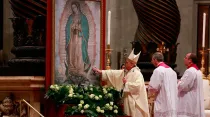 El Papa Francisco ante la imagen de la Virgen de Guadalupe en la Basílica de San Pedro. Crédito: Daniel Ibáñez / ACI Prensa