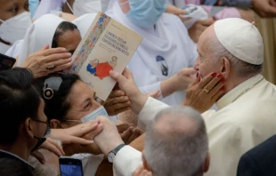 El Papa Francisco saluda a un grupo de peregrinos en la audiencia general del 25 de agosto. Cru00e9dito: Daniel Ibu00e1u00f1ez / ACI Prensa 