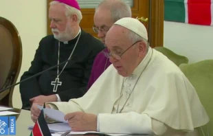 Papa Francisco pronuncia discurso ante lu00edderes de Sudu00e1n del Sur. Foto: Captura video 