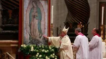Papa Francisco ante cuadro de la Virgen de Guadalupe en 2018. Foto: Daniel Ibáñez / ACI Prensa