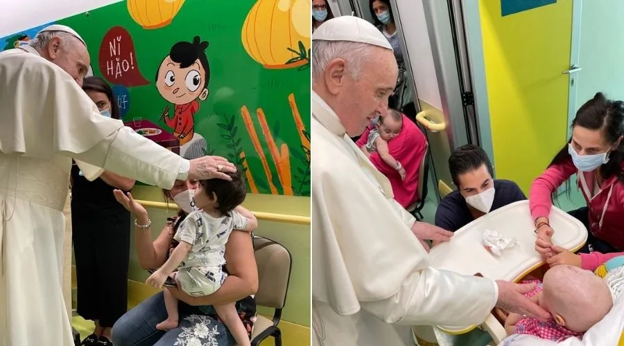 Papa Francisco durante la visita al reparto de oncología pediátrica del Hospital Gemelli de Roma. Crédito: Oficina de Prensa de la Santa Sede.