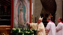 El Papa ante la imagen de la Virgen de Guadalupe. Foto: Daniel Ibu00e1u00f1ez (ACI Prensa)