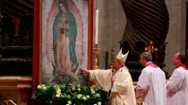 El Papa ante la imagen de la Virgen de Guadalupe. Foto: Daniel Ibáñez (ACI Prensa)