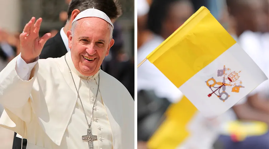 El Papa Francisco y la bandera oficial del Vaticano. Fotos: Daniel Ibáñez / ACI Prensa