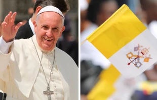 El Papa Francisco y la bandera oficial del Vaticano. Fotos: Daniel Ibu00e1u00f1ez / ACI Prensa 